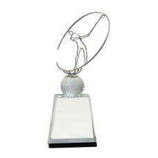 CRY146  Crystal Golf Award with Silver Metal Oval Figure 